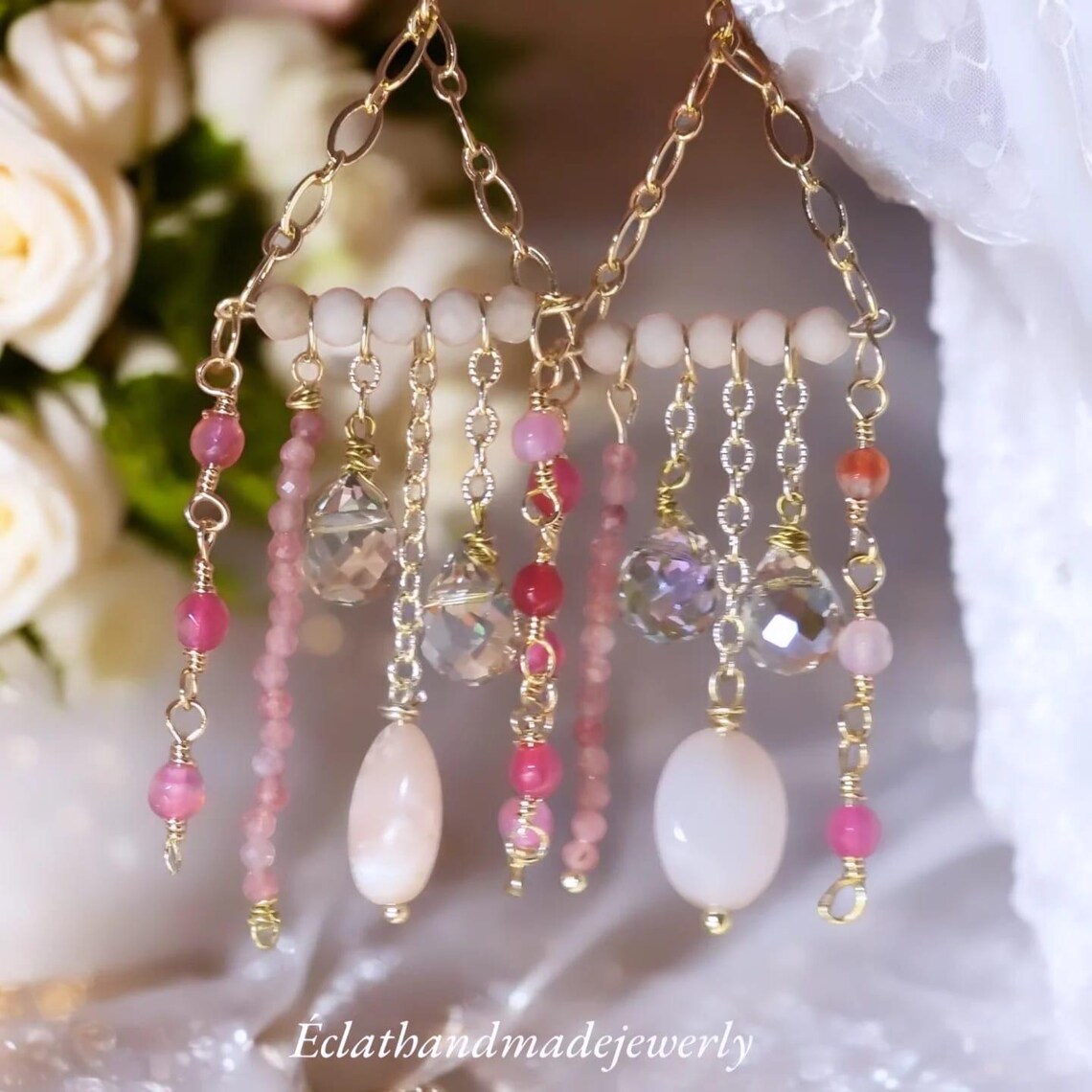 Rose Quartz and Pink Chandelier Earrings, Gemstone Earrings, Natural Beaded Earrings, Bridal Earrings for Her, Wedding Earrings for Women