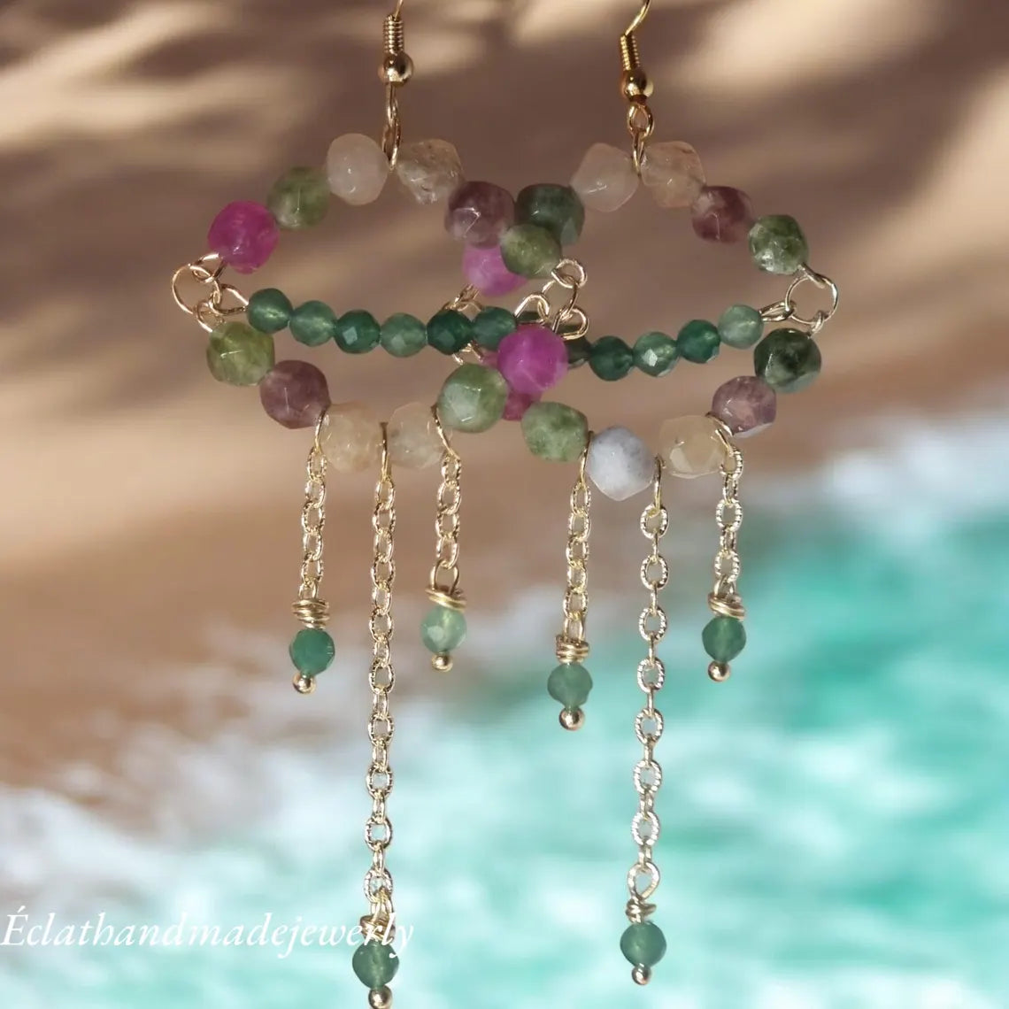 Tourmaline Dangle Earrings, Earthy Green Aventurine Earrings, Gemstone Earrings, Triangle Hoop Earrings, Bridal Earrings, Wedding Gifts