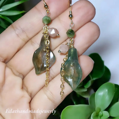 Indian Agates Jade Quartz Earrings, Tourmaline Stone Earrings, 14k Gold Earrings, Gemstone Earrings, Bridal Earrings, Anniversary Earrings