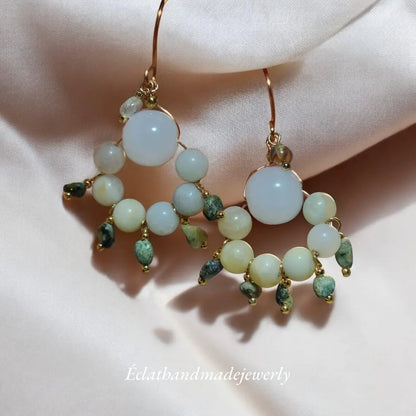 White Jade Earrings, Green Gemstone Earrings, Boho Earrings, Multi Stone Dangle Earrings, Bridal Earrings, Natural Drop Earrings for Women