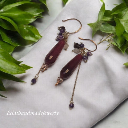 Smoky Rose Quartz Jade Burgundy Earrings, Tourmaline and Amethyst Earrings, Gemstone Earrings, Bridal Earrings, Anniversary Earrings