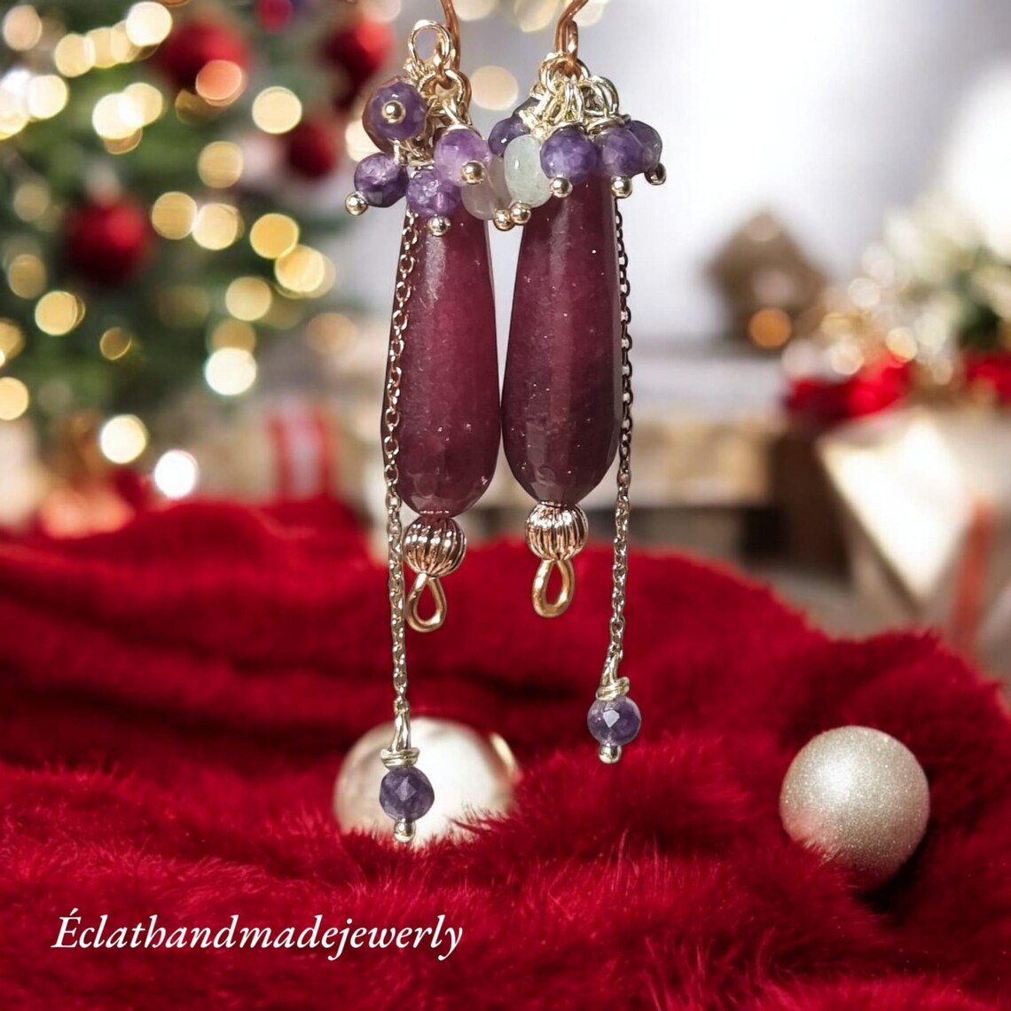 Smoky Rose Quartz Jade Burgundy Earrings, Tourmaline and Amethyst Earrings, Gemstone Earrings, Bridal Earrings, Anniversary Earrings