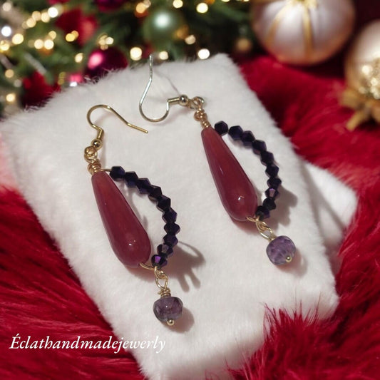 Smoky Rose Quartz Jade Burgundy Earrings, Amethyst Purple Earrings, Gemstone Earrings, Bridal Earrings, Anniversary Earrings for Her