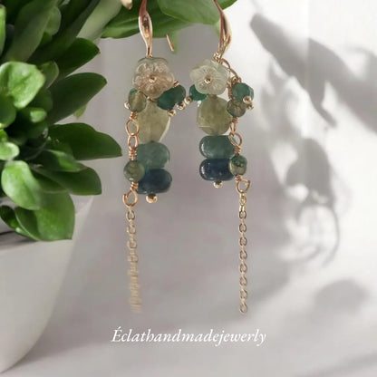 Green Aventurine Earrings, Tourmaline Dangle Earrings, Gemstone Earrings, Multi Stone Earrings, Bridal Earrings, 14k Gold Earrings for Women