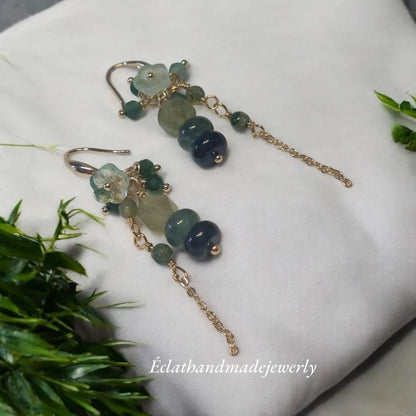 Green Aventurine Earrings, Tourmaline Dangle Earrings, Gemstone Earrings, Multi Stone Earrings, Bridal Earrings, 14k Gold Earrings for Women