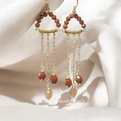 Tourmaline Brown Dangle Earrings, Tourmaline Hoop Earrings, Gemstone Earrings, 14k Gold Plated Dangle Earrings, October Birthstone Gifts