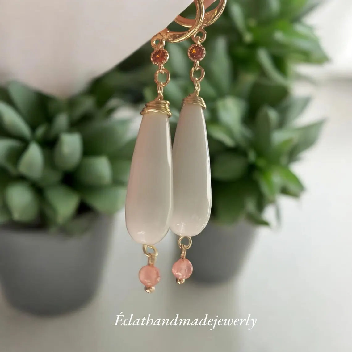 White Jade Teardrop Earrings, Gemstone Earrings, Dangle Drop Earrings, 18k Gold Zircon Rhinestone Earrings, Bridal Earrings, Jade Jewelry