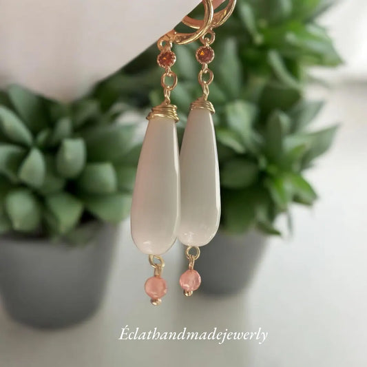 White Jade Teardrop Earrings, Gemstone Earrings, Dangle Drop Earrings, 18k Gold Zircon Rhinestone Earrings, Bridal Earrings, Jade Jewelry