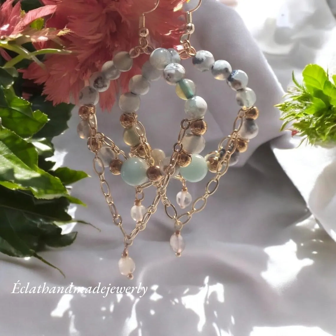 Blue Fire Dragon Vein Agate Earrings, 14k Gold Earrings, Onyx Beads Earrings, Bridal Earrings, Blue Hoop Earrings for Women, Agate Jewelry