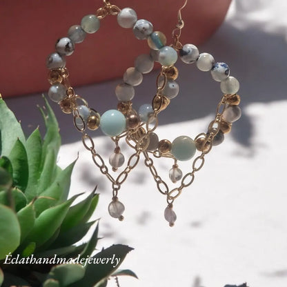 Blue Fire Dragon Vein Agate Earrings, 14k Gold Earrings, Onyx Beads Earrings, Bridal Earrings, Blue Hoop Earrings for Women, Agate Jewelry