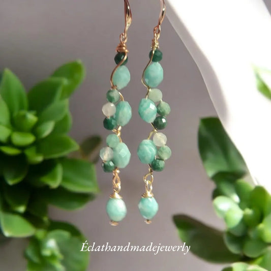 Blue Amazonite Earrings, 14k Gold Dangle Earrings, Tourmaline Jade Earrings, Gemstone Earrings, Multi Stone Earrings, Bridal Earrings