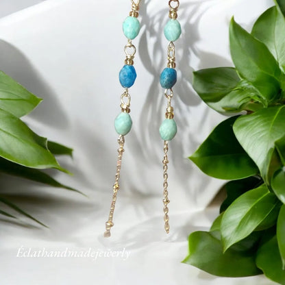 Blue Amazonite Earrings, 14k Gold Plated Earrings, Gemstone Earrings, Long Dangle Earrings, Multi Stone Earrings, Birthday Gifts for Women
