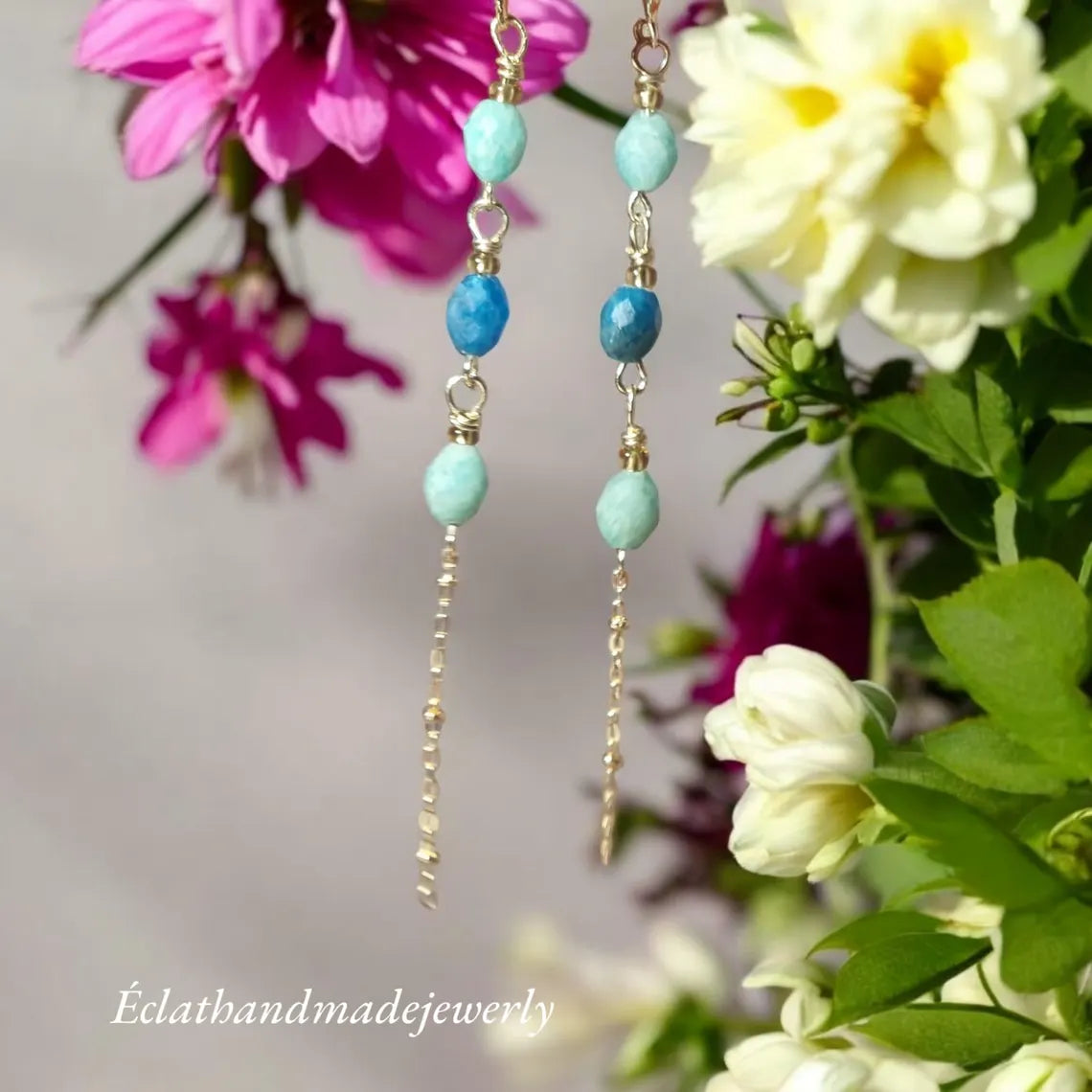 Blue Amazonite Earrings, 14k Gold Plated Earrings, Gemstone Earrings, Long Dangle Earrings, Multi Stone Earrings, Birthday Gifts for Women