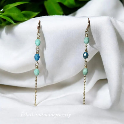 Blue Amazonite Earrings, 14k Gold Plated Earrings, Gemstone Earrings, Long Dangle Earrings, Multi Stone Earrings, Birthday Gifts for Women