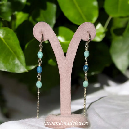 Blue Amazonite Earrings, 14k Gold Plated Earrings, Gemstone Earrings, Long Dangle Earrings, Multi Stone Earrings, Birthday Gifts for Women