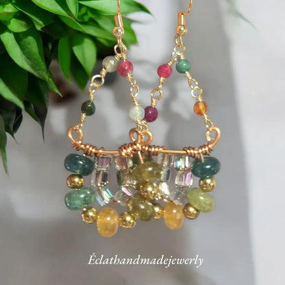 Tourmaline Dangle Earrings, 14k Gold Plated Hoop Earrings, Triangle Earrings, Multi Stone Earrings, Bridal Earrings, Birthday Gifts for Her