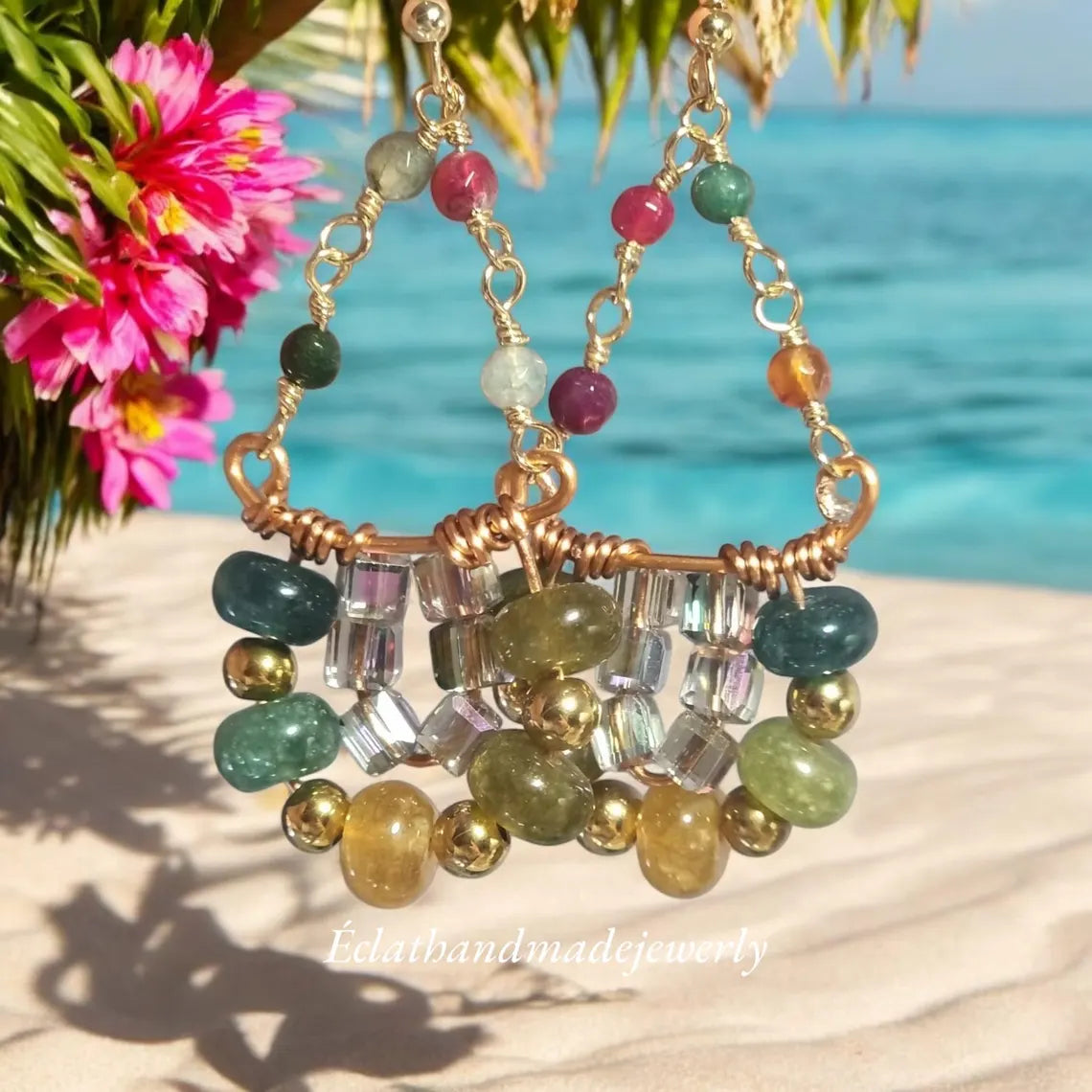 Tourmaline Dangle Earrings, 14k Gold Plated Hoop Earrings, Triangle Earrings, Multi Stone Earrings, Bridal Earrings, Birthday Gifts for Her