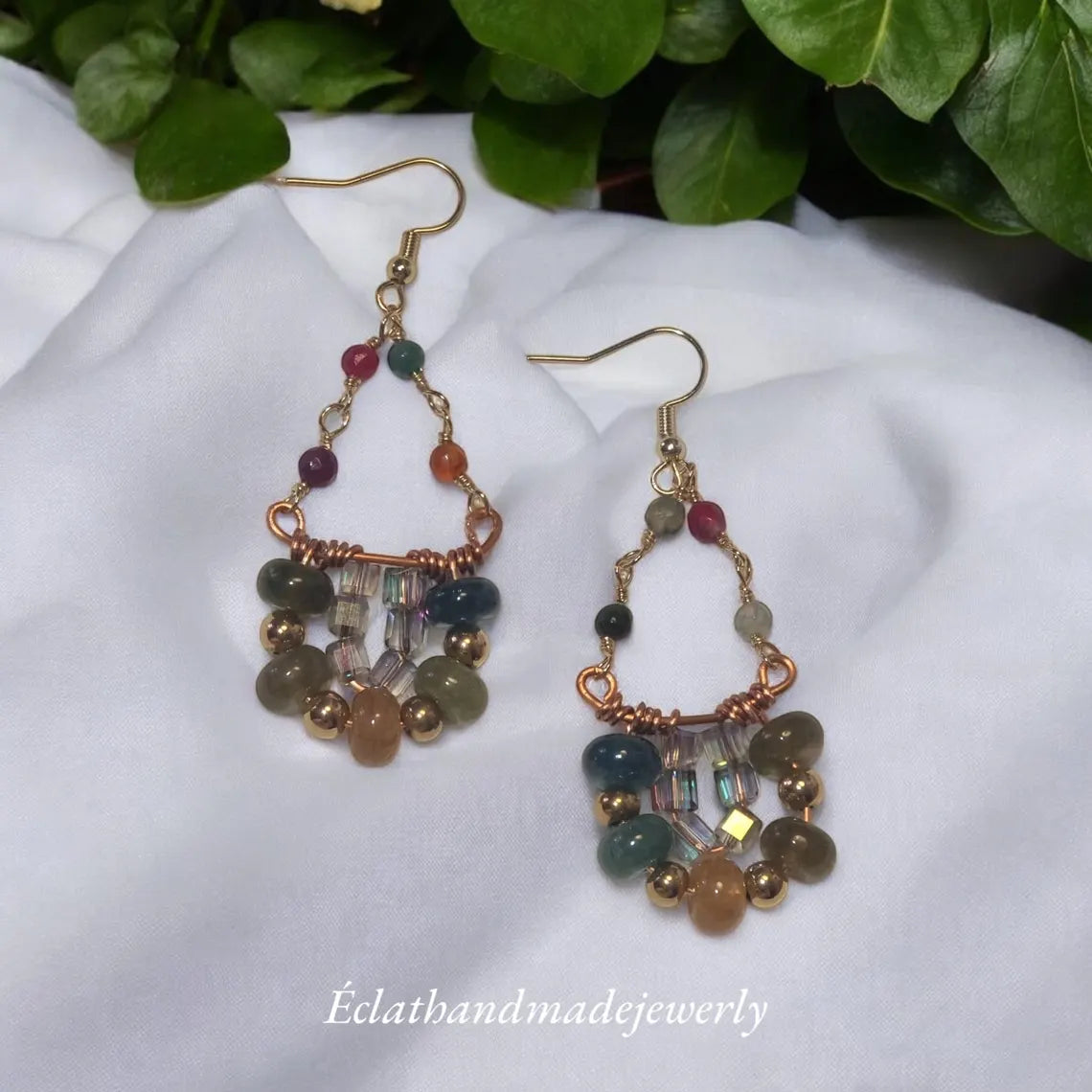 Tourmaline Dangle Earrings, 14k Gold Plated Hoop Earrings, Triangle Earrings, Multi Stone Earrings, Bridal Earrings, Birthday Gifts for Her