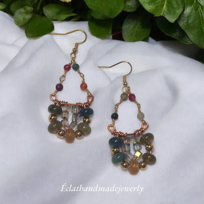 Tourmaline Dangle Earrings, 14k Gold Plated Hoop Earrings, Triangle Earrings, Multi Stone Earrings, Bridal Earrings, Birthday Gifts for Her