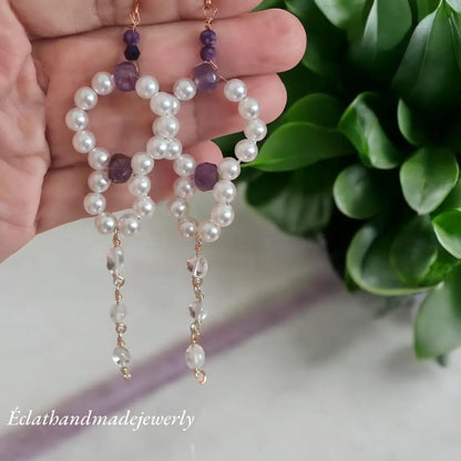 Pearl Earrings, Pearl Hoop Earrings, Pearl Drop Earrings, Dangle Amethyst Earrings, Bridal Earrings, Wedding Earrings, Bridesmaid Gifts