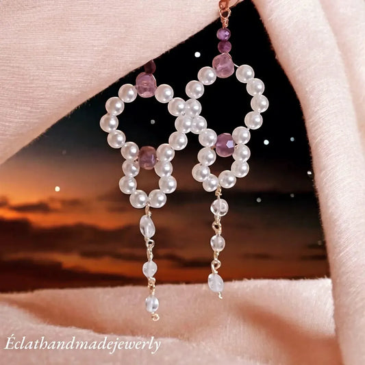 Pearl Earrings, Pearl Hoop Earrings, Pearl Drop Earrings, Dangle Amethyst Earrings, Bridal Earrings, Wedding Earrings, Bridesmaid Gifts