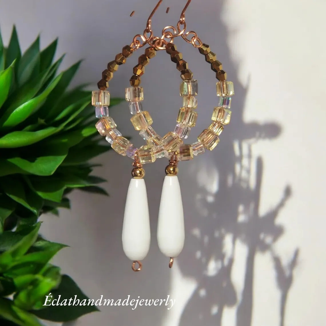 White Jade Teardrop Earrings, Dangle Drop Earrings, Crystal Cube Earrings, Hoop Earrings for Women, Bridal Earrings, Gemstone Jewelry