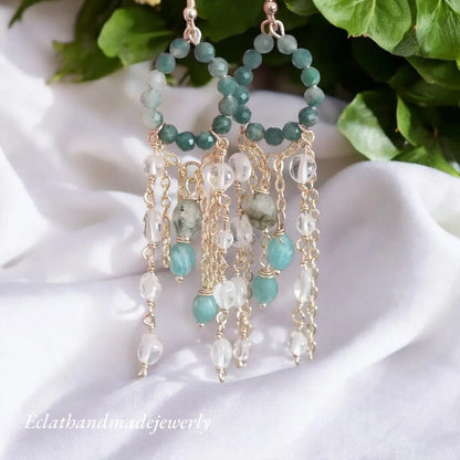 Blue Amazonite Cluster Earrings with Tourmaline African Jade Earrings, Gemstone Earrings, Long Dangle Earrings, 14k Gold Earrings for Women