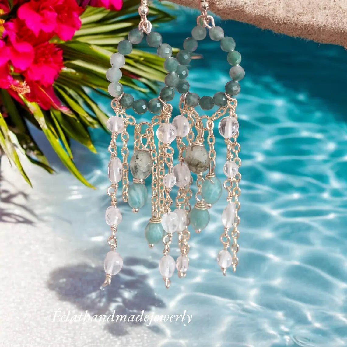 Blue Amazonite Cluster Earrings with Tourmaline African Jade Earrings, Gemstone Earrings, Long Dangle Earrings, 14k Gold Earrings for Women