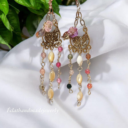 Boho Chandelier Earrings, Cluster Earrings, Long Dangle Earrings, Multi-Coloured Gemstone Earrings, Pearl Earrings, Gemstone Jewelry