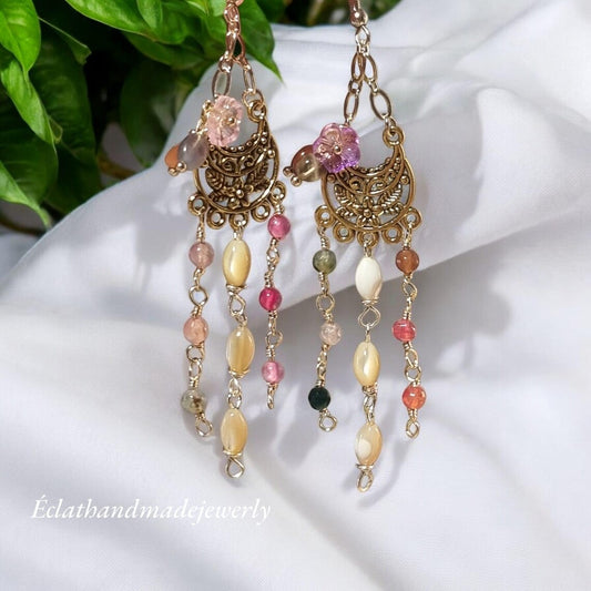 Boho Chandelier Earrings, Cluster Earrings, Long Dangle Earrings, Multi-Coloured Gemstone Earrings, Pearl Earrings, Gemstone Jewelry