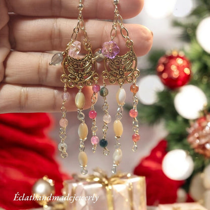 Boho Chandelier Earrings, Cluster Earrings, Long Dangle Earrings, Multi-Coloured Gemstone Earrings, Pearl Earrings, Gemstone Jewelry