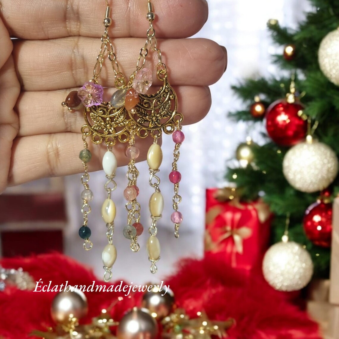 Boho Chandelier Earrings, Cluster Earrings, Long Dangle Earrings, Multi-Coloured Gemstone Earrings, Pearl Earrings, Gemstone Jewelry