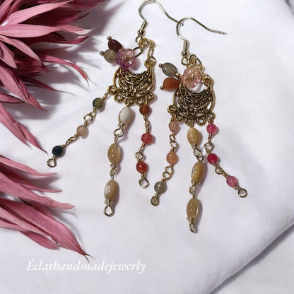 Boho Chandelier Earrings, Cluster Earrings, Long Dangle Earrings, Multi-Coloured Gemstone Earrings, Pearl Earrings, Gemstone Jewelry