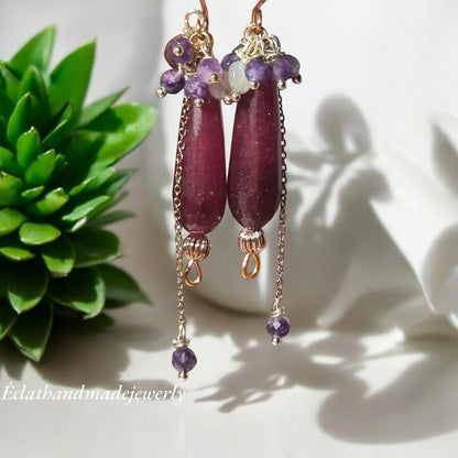 Smoky Rose Quartz Jade Burgundy Earrings, Tourmaline and Amethyst Earrings, Gemstone Earrings, Bridal Earrings, Anniversary Earrings