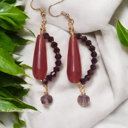 Smoky Rose Quartz Jade Burgundy Earrings, Amethyst Purple Earrings, Gemstone Earrings, Bridal Earrings, Anniversary Earrings for Her