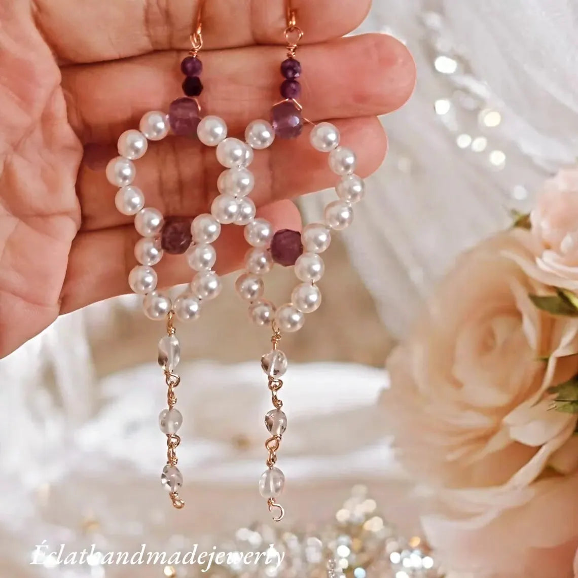 Pearl Earrings, Pearl Hoop Earrings, Pearl Drop Earrings, Dangle Amethyst Earrings, Bridal Earrings, Wedding Earrings, Bridesmaid Gifts
