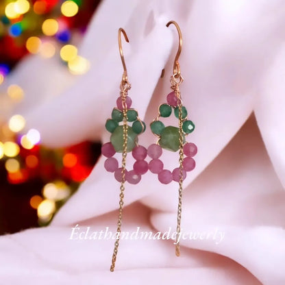 Tourmaline Dangle Earrings, Earthy Green Aventurine Earrings, Pink Rose Quartz Gemstone Earrings, Bridal Earrings, Wedding Gifts