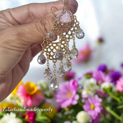 14k Gold Plated Chandelier Earrings, Strawberry Crystal Earrings, Drop Earrings for Women, Dangle Earrings, Boho Earrings, Bridal Earrings