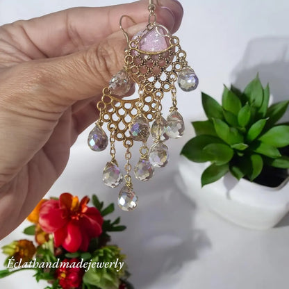 14k Gold Plated Chandelier Earrings, Strawberry Crystal Earrings, Drop Earrings for Women, Dangle Earrings, Boho Earrings, Bridal Earrings