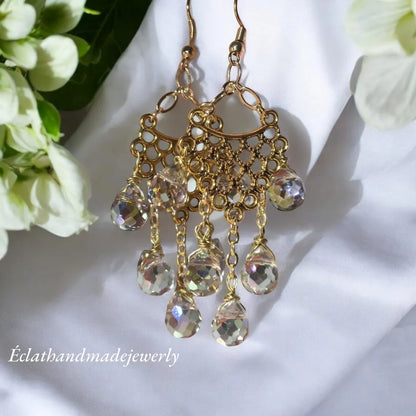 14k Gold Plated Chandelier Earrings, Strawberry Crystal Earrings, Drop Earrings for Women, Dangle Earrings, Boho Earrings, Bridal Earrings