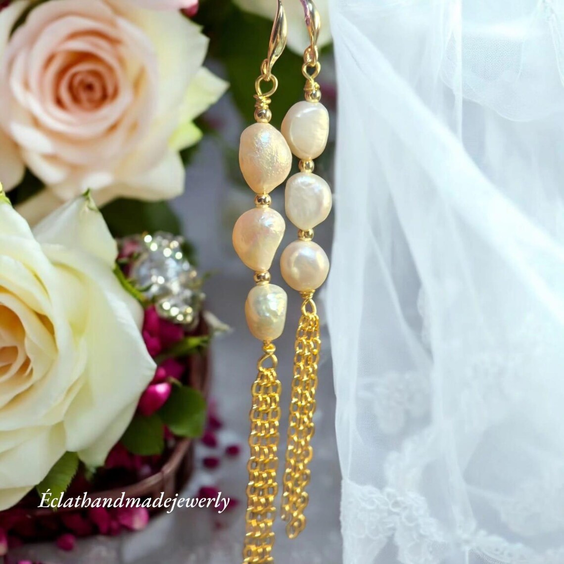 Freshwater Pearl Earrings, Pearl Dangle Earrings, Real Pearl Earrings, 14k Gold Plated Earrings, Bridal Earrings, Wedding Earrings for Her