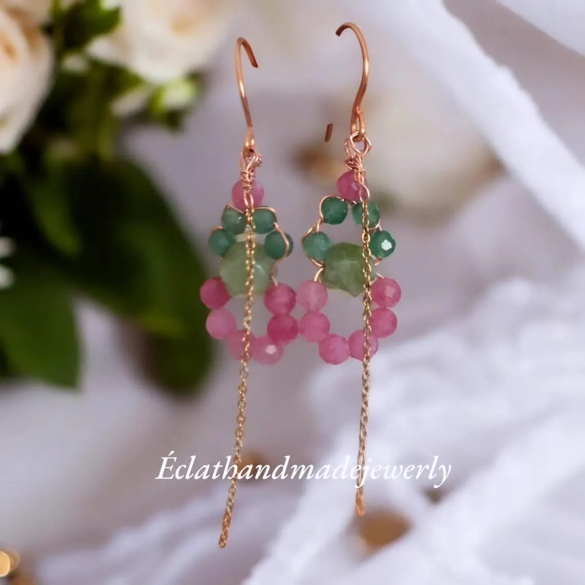 Tourmaline Dangle Earrings, Earthy Green Aventurine Earrings, Pink Rose Quartz Gemstone Earrings, Bridal Earrings, Wedding Gifts