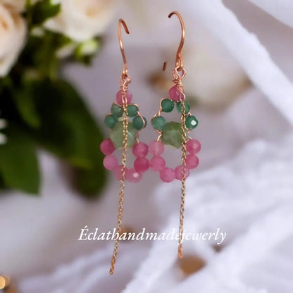 Tourmaline Dangle Earrings, Earthy Green Aventurine Earrings, Pink Rose Quartz Gemstone Earrings, Bridal Earrings, Wedding Gifts