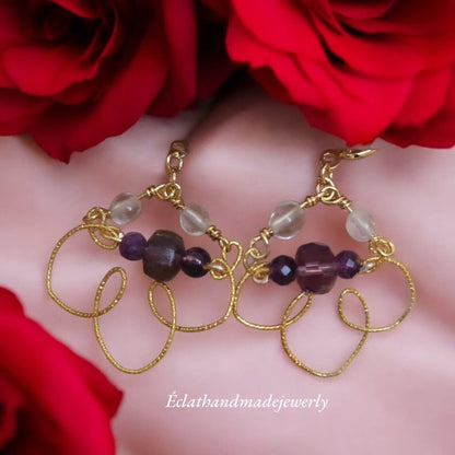 Amethyst Earrings, Amethyst Gemstone Dangle Earrings, Ghost Quartz Earrings, Dark Purple Earrings, 14k Gold Plated Earrings for Women