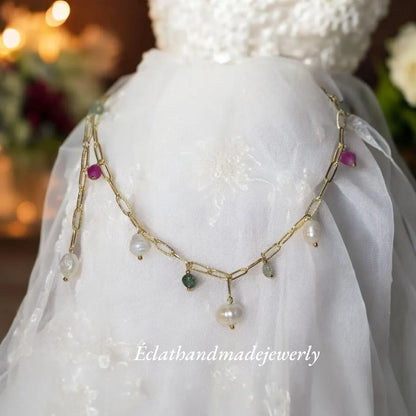 Freshwater Pearls and Tourmaline Necklace, Multi-Gemstone Necklace, 14k Gold Plated Necklace, Layering Necklace, Natural Gemstone Jewelry