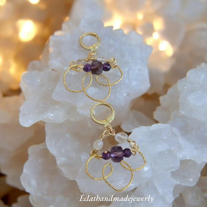 Amethyst Earrings, Amethyst Gemstone Dangle Earrings, Ghost Quartz Earrings, Dark Purple Earrings, 14k Gold Plated Earrings for Women