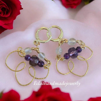 Amethyst Earrings, Amethyst Gemstone Dangle Earrings, Ghost Quartz Earrings, Dark Purple Earrings, 14k Gold Plated Earrings for Women