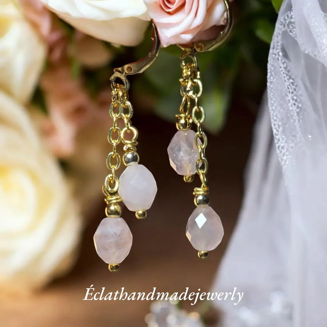 Rose Quartz Earrings, Gemstone Earrings, 14k Gold Sunstone Earrings, Bridal Earrings, Wedding Earrings for Her, Blue Appetite Earrings
