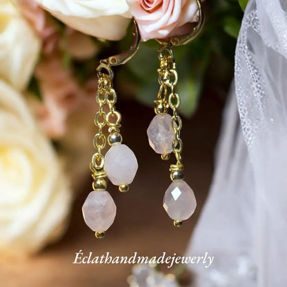 Rose Quartz Earrings, Gemstone Earrings, 14k Gold Sunstone Earrings, Bridal Earrings, Wedding Earrings for Her, Blue Appetite Earrings