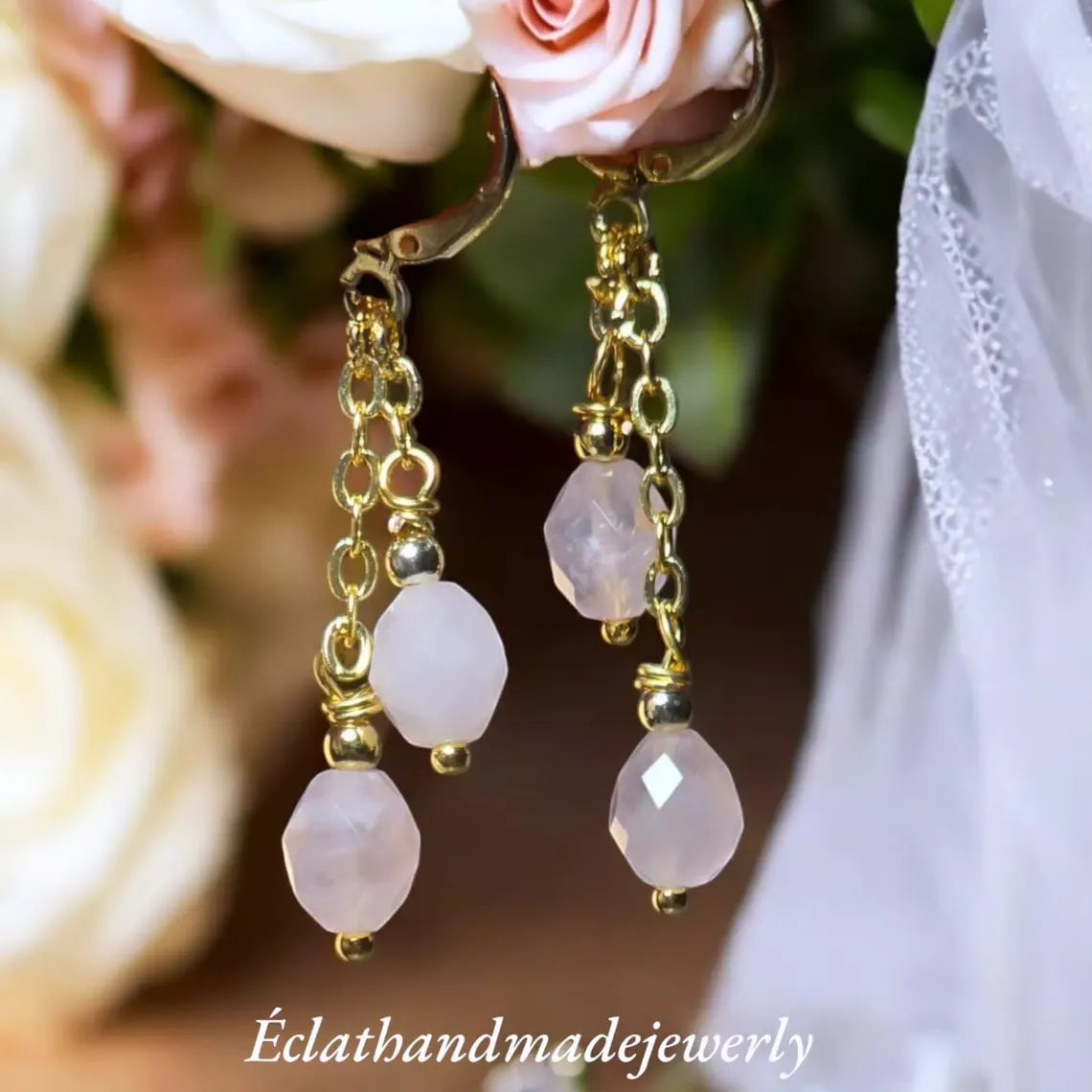 Rose Quartz Earrings, Gemstone Earrings, 14k Gold Sunstone Earrings, Bridal Earrings, Wedding Earrings for Her, Blue Appetite Earrings